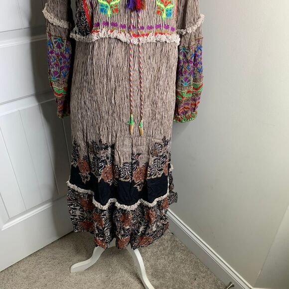 Anthropologie Raga Boho Embroidered Maxi Dress Peasant Floral Tassel Cottagecore - Picture 3 of 7